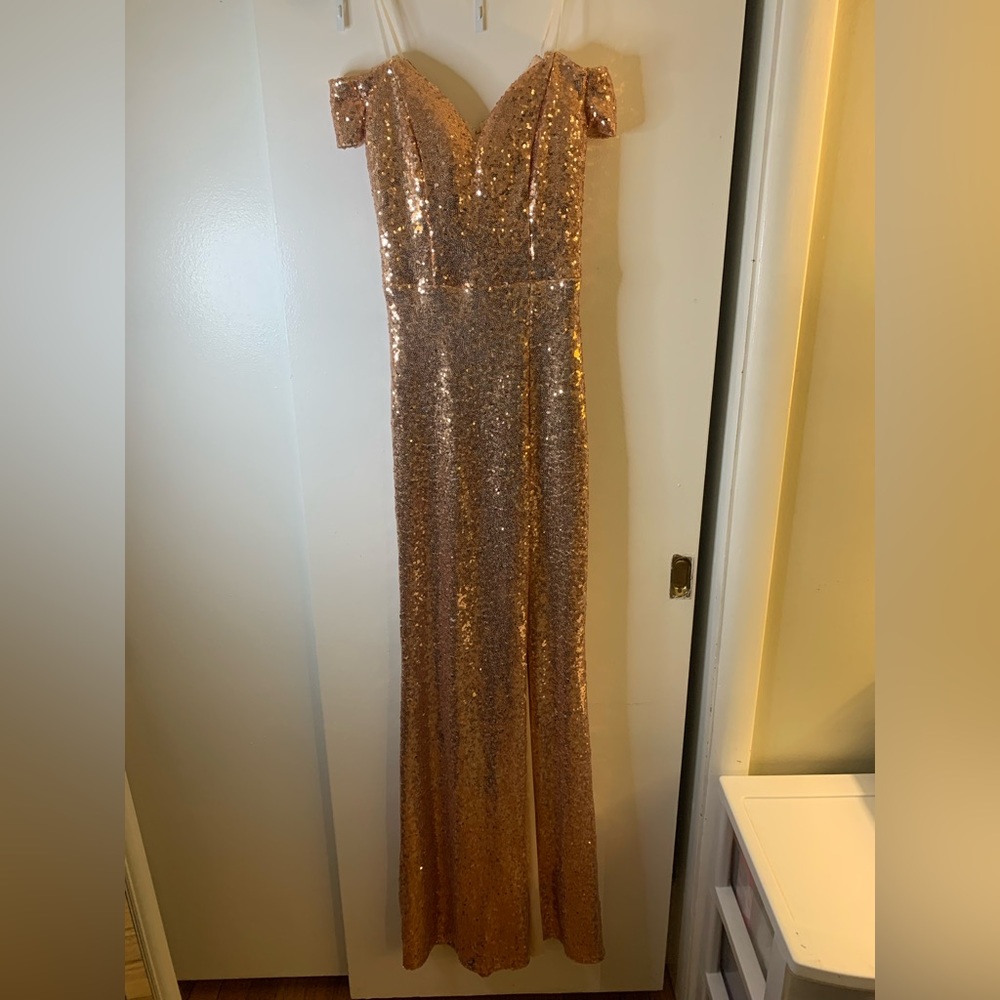 All sequin off the shoulder formal dress with side slit, bodycon, size 1/2